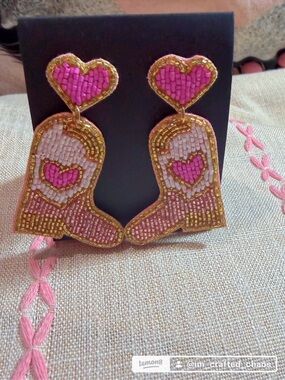 Handcrafted Pink Heart Western Boot Beaded Earrings